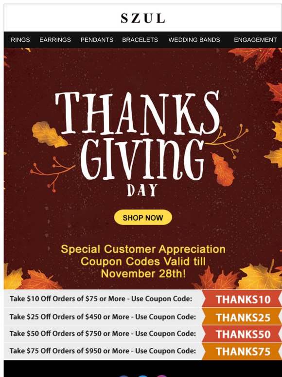 Special Thanks Giving Coupons - Up to $75 Off On Orders!