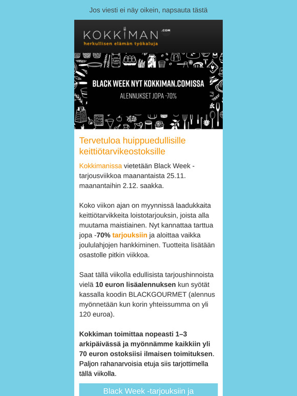 Kokkimanissa nyt käynnissä Black Week. Valikoima keittiötarvikkeita jopa -70%