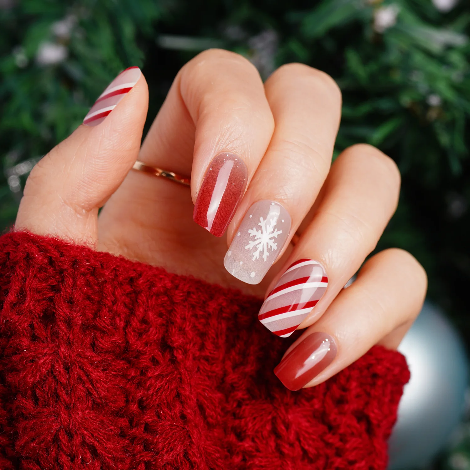 Festive Holiday Candy Cane Semi Cured Gel Nail Strips with Snowflake Accents | Frosted Cheer - 2636