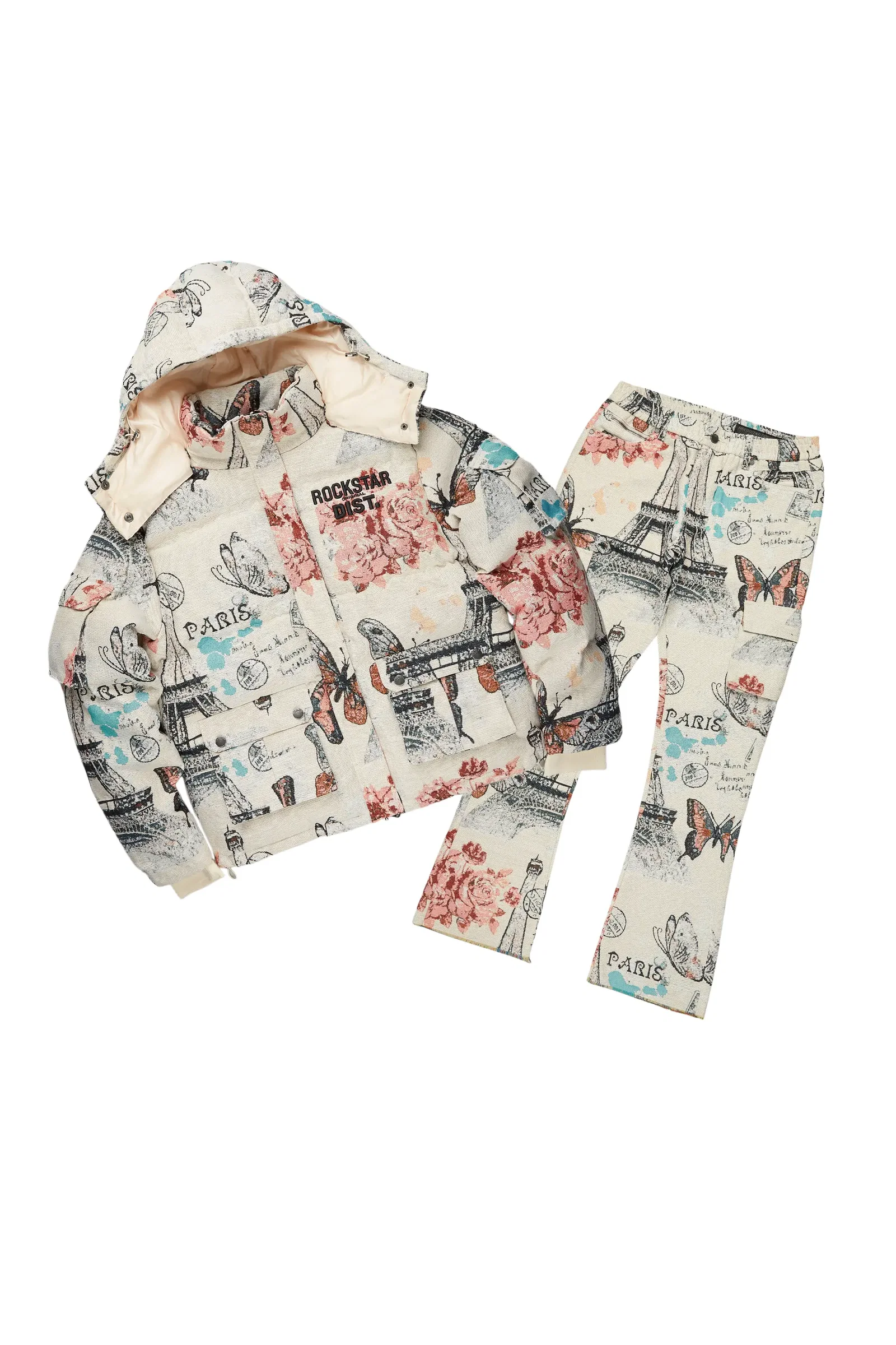 Image of Girls Lamia Beige Multi Tapestry Puffer Jacket/Flare Jean Set