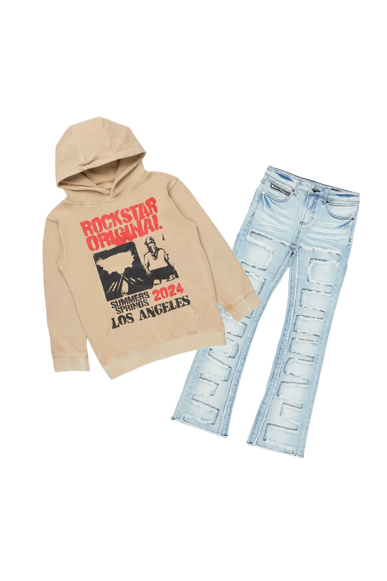 Image of Boys Omer Vintage Beige/Blue Hoodie/Stacked Flare Jean Set