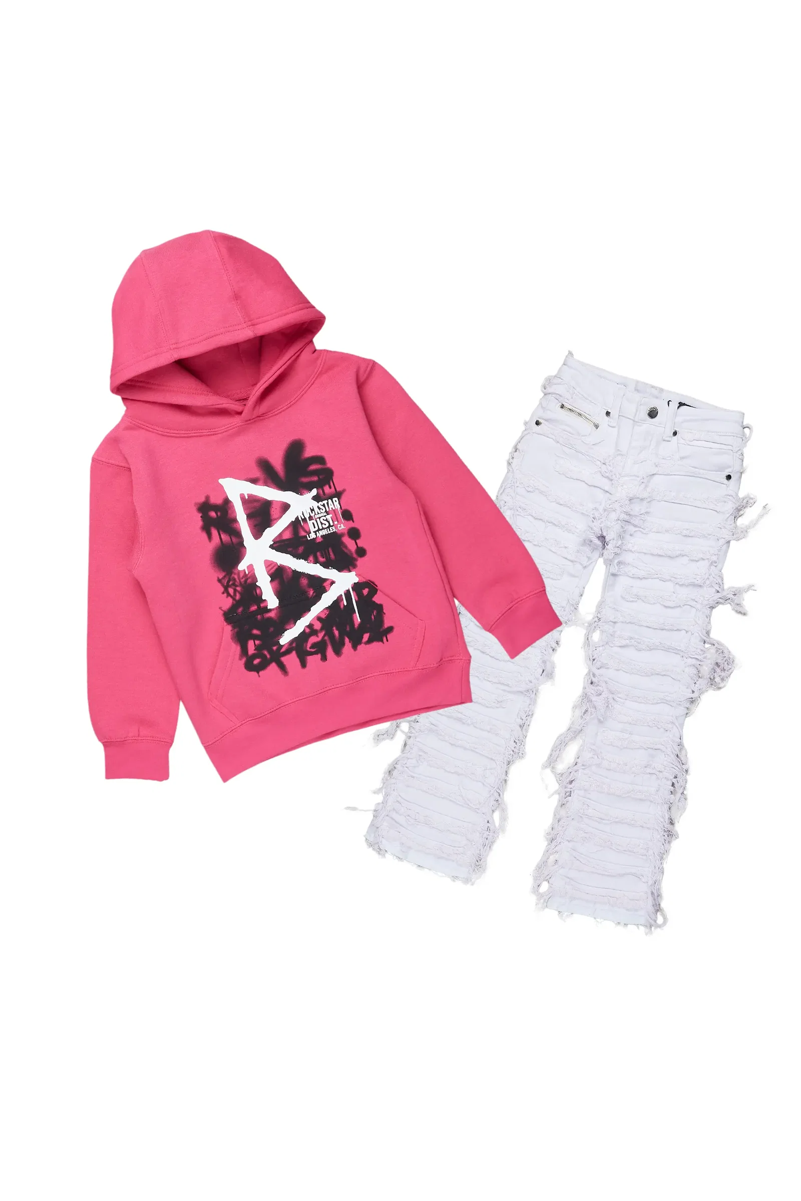 Image of Girls Nahomy Fuchsia Hoodie/Stacked Flare Jean Set
