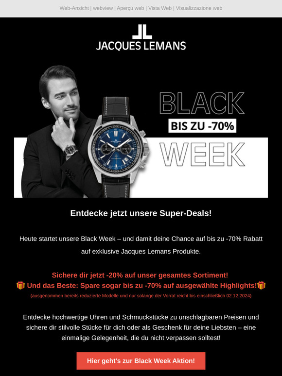 BLACK WEEK: Jetzt bis zu -70% Rabatt sichern!