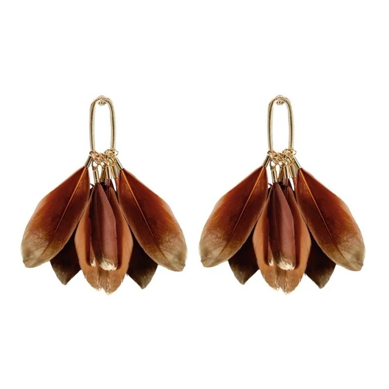 Image of Caramel Gold Dipped Feathers Statement Earrings