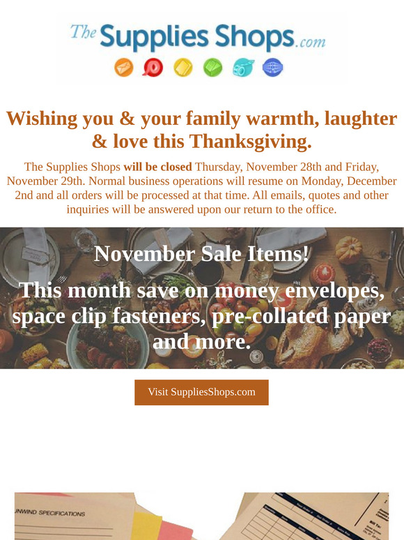 Happy Thanksgiving from The Supplies Shops and November Sale Items.