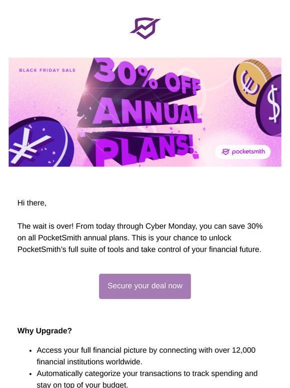 Get 30% off PocketSmith annual plans – now! 🖤