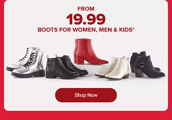 Black, red and white boots. From 19.99 boots for women, men and kids.