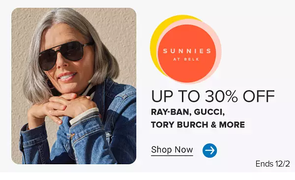 Woman in sunglasses. Sunnies at Belk. Up to 30% off Ray Ban, Gucci, Tory Burch and more.