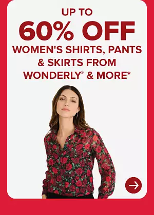 A woman in a red top. Up to 60% off women's shirts, pants and skirts from Wonderly and more.