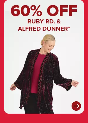 A woman in a sweater and red top. 60% off Ruby Road and Alfred Dunner.