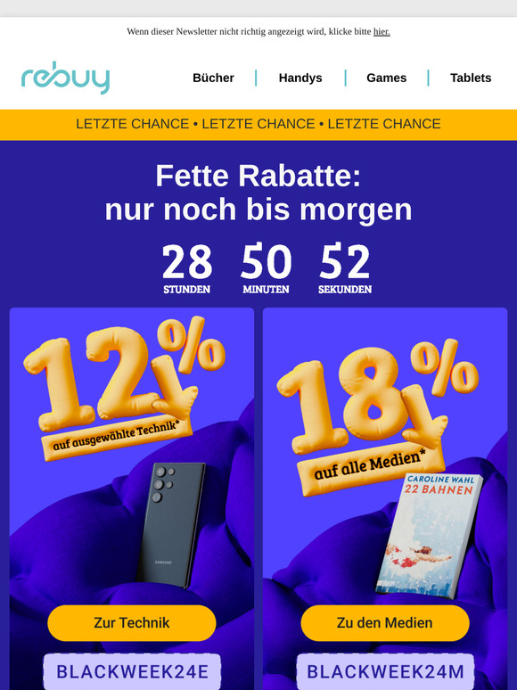 ⏰ Nur noch bis morgen: 12 % auf Technik & 18 % + Gratis-Versand auf Medien