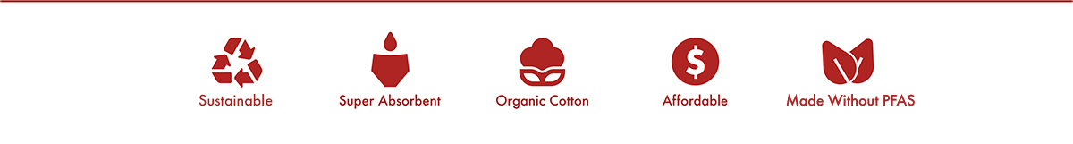 waste free, super absorbent, organic cotton, affordable, zero PFAs
