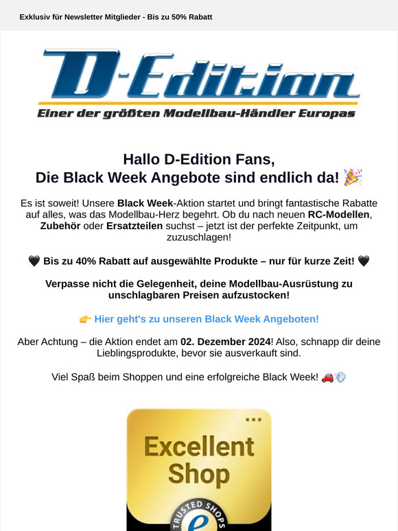 Black Week Modellbau Sale 🏎️: Bis zu 40% Rabatt vom 29.11. bis 02.12.2024!