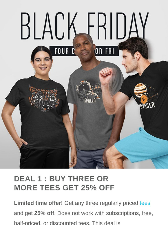 Four BLACK FRIDAY offers: 25% OFF when you buy three, 16% off our New Rockets Gift Pack, Grab a FREE TEE, and a 50% OFF deal on slightly flawed Planetary Blocks.