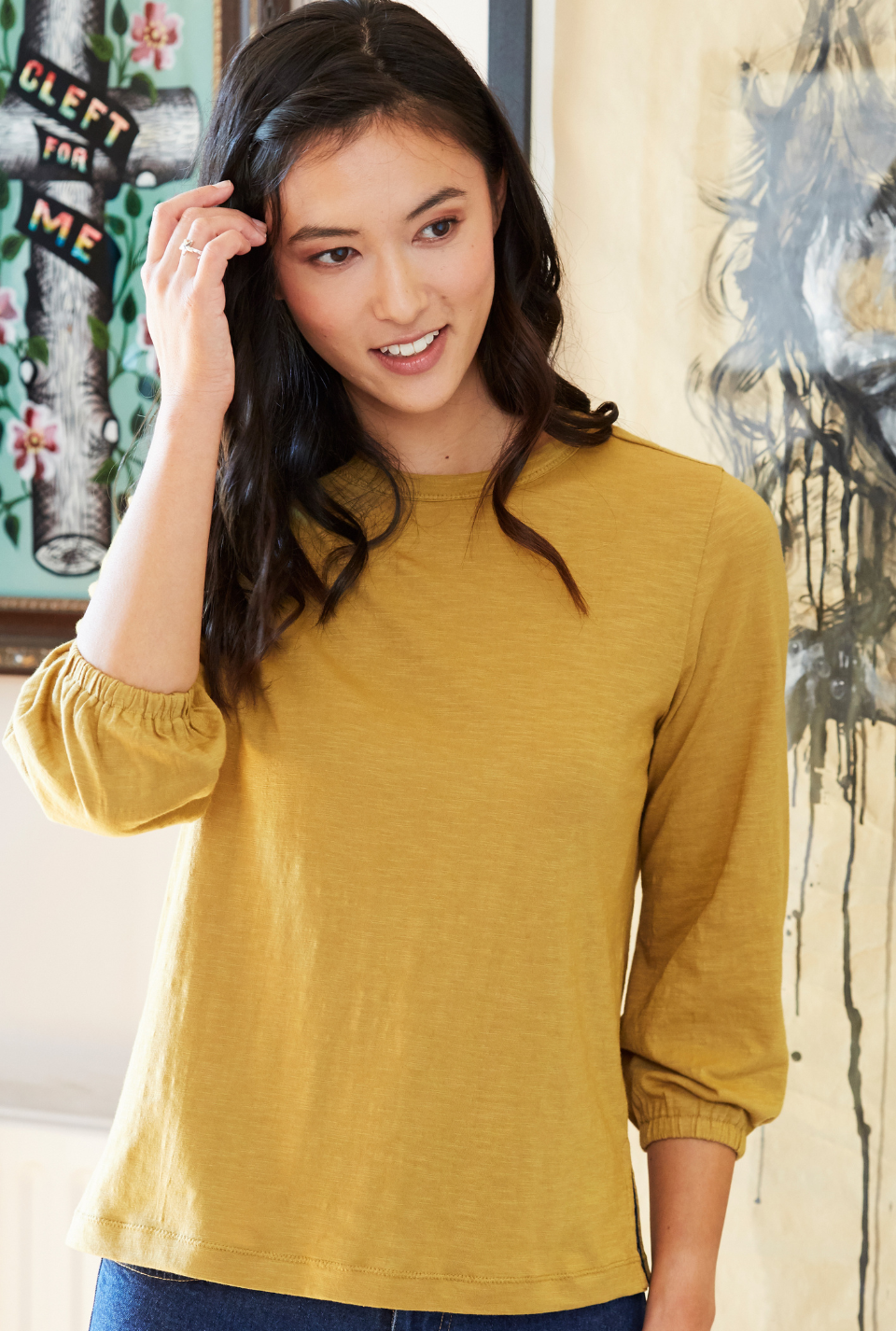 Gathered Cuff Crew Neck Jersey Tee in Bronze Mist