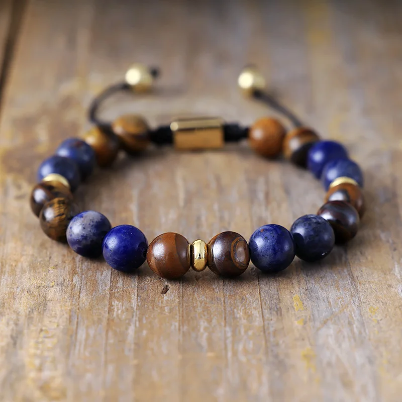 Natural Tiger Eye & Sodalite Adjustable Bead Bracelet