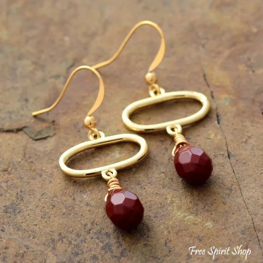 Natural Red Jasper Gold Oval Earrings