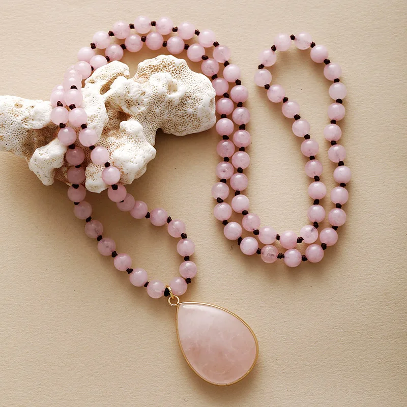 108 Natural Rose Quartz Mala Bead Necklace With Teardrop Pendant