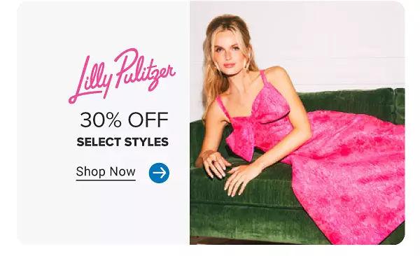 An image of a woman wearing a Lilly Pulitzer dress. The Lilly Pulitzer logo. 30% off select styles. Shop now.
