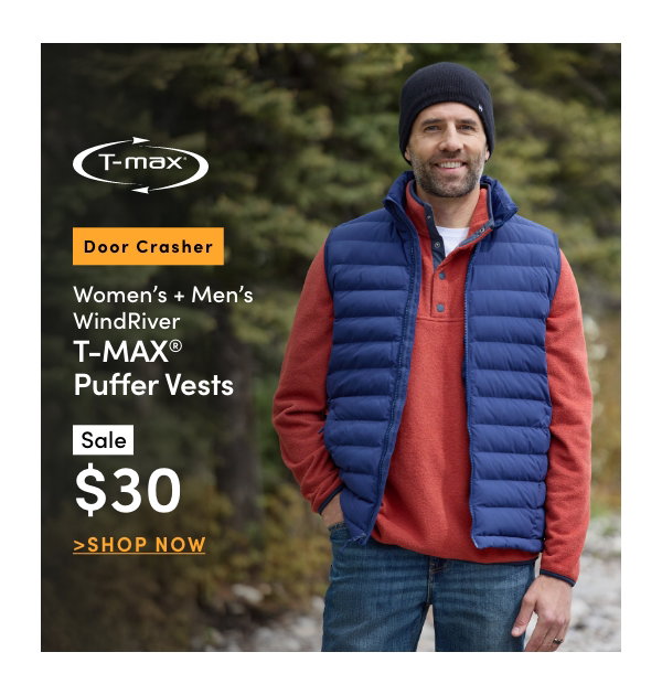 Door Crasher Women's + Men's WindRiver T-Max Puffer Vests Sale $30