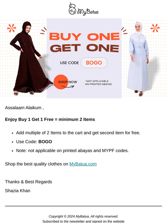 BUY 1 Get 1 Free! code: BOGO! - Last Day