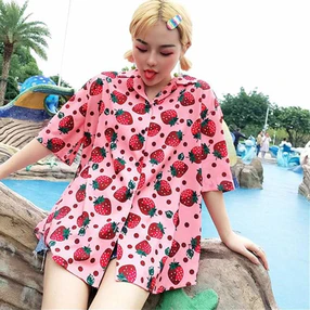 Strawberry Print Short Sleeve Button Up Shirt