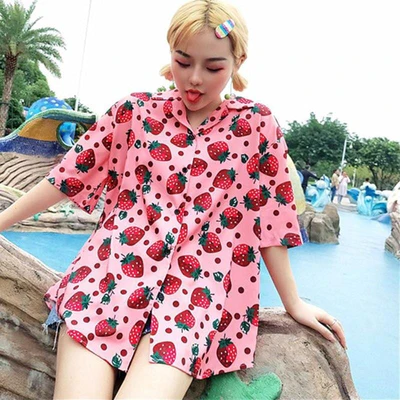Strawberry Print Short Sleeve Button Up Shirt