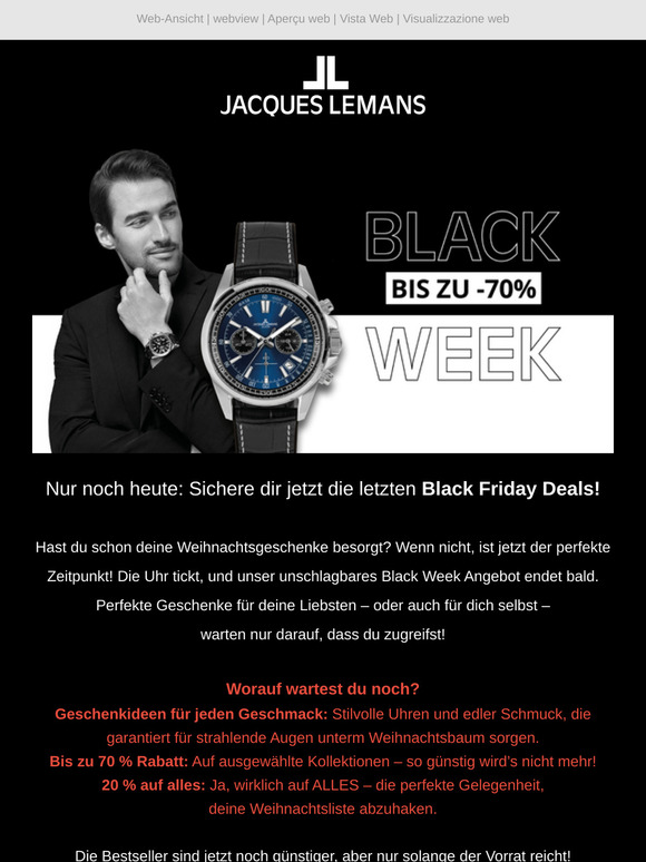 Hast du schon alle Weihnachtsgeschenke? 🎁 Nur noch heute: BLACK WEEK bei Jacques Lemans!