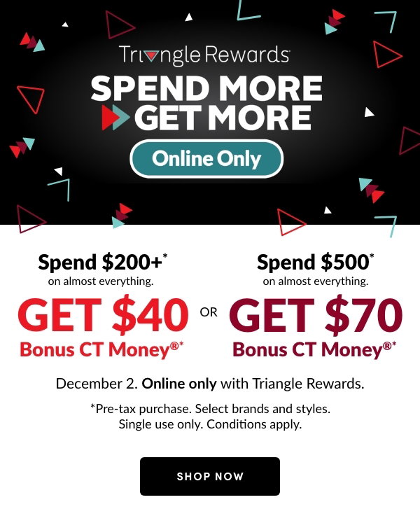 Triangle Spend & Get Bonus  Cyber Monday Dec 2 (Spend $200+, Get $40 Bonus CT Money) Online Only  (1-time use)