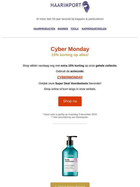 Happy Cyber Monday! Shop vandaag alles met 15% korting bij Haarimport!
