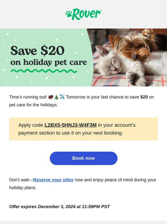Last chance! $20 off pet care ends tomorrow!