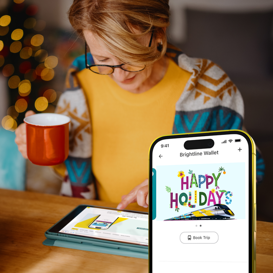 Woman purchasing Brightline Gift Card on her tablet.