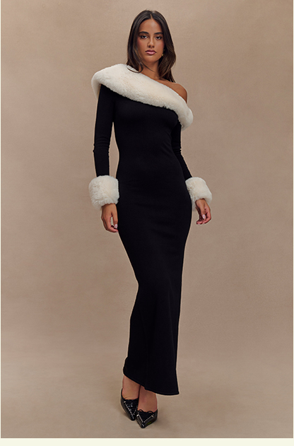 Karleigh Faux Fur Knit Maxi Dress - Black/White
