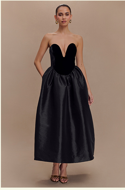 Flora Strapless Velvet Midi Dress - Black