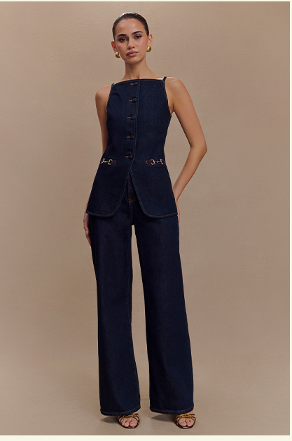 Ashton Sleeveless Button Denim Top - Indigo Blue