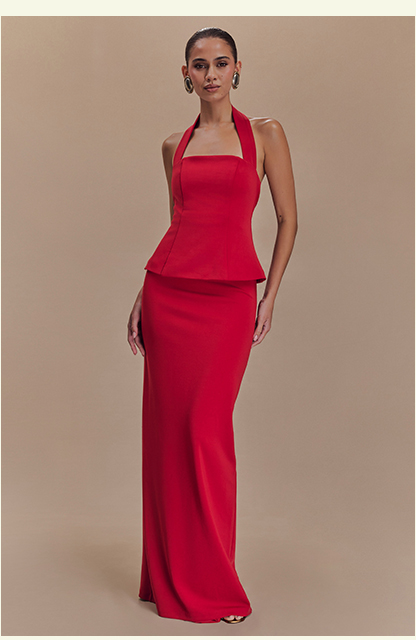 Bertie Peplum Halter Maxi Dress - Ruby Red