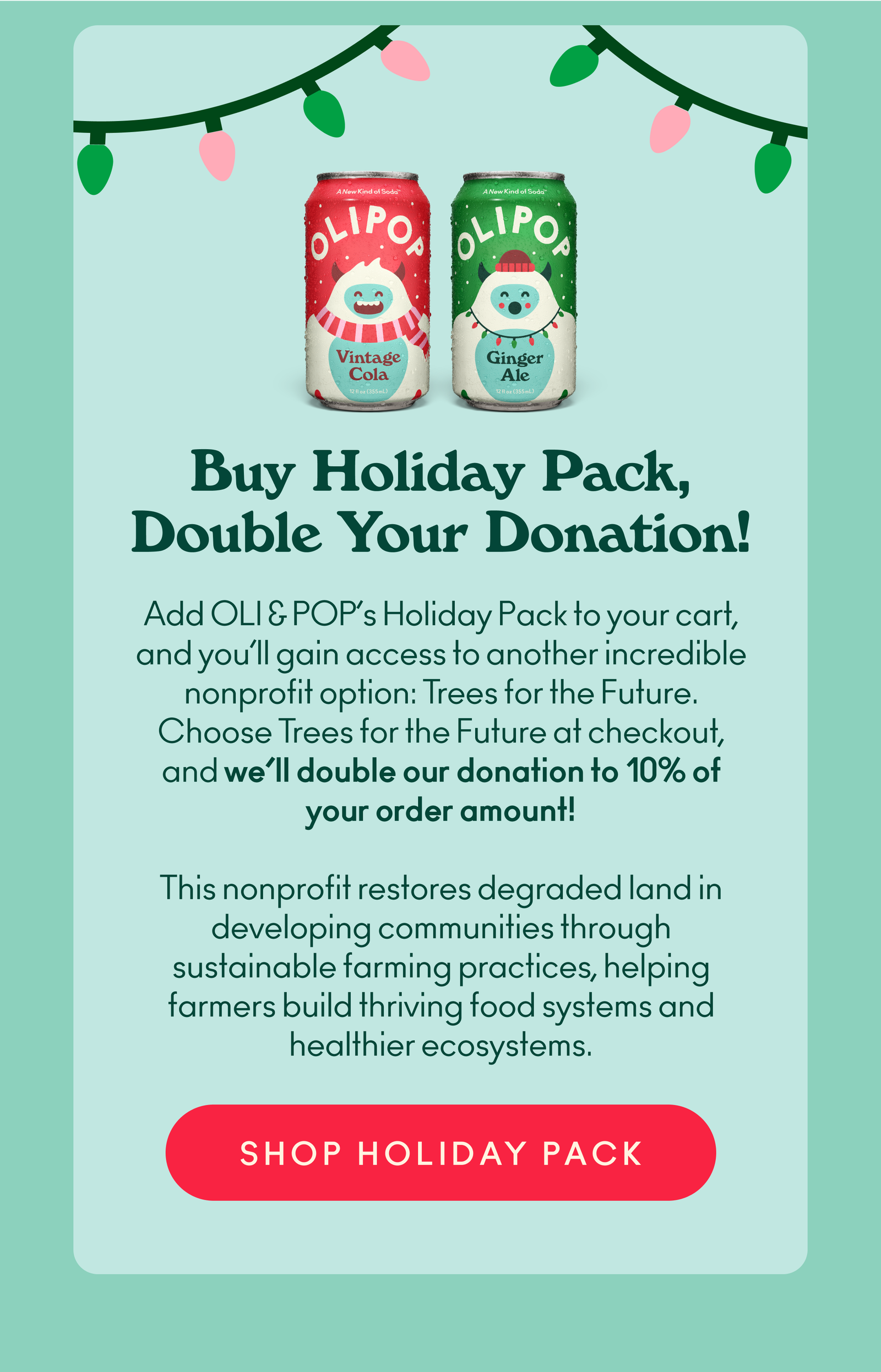 Add OLI & POP’s Holiday Pack to your cart, and you’ll gain access to another incredible nonprofit option: Trees for the Future. Choose Trees for the Future at checkout, and we’ll double our donation to 10% of your order amount! This nonprofit restores degraded land in developing communities through sustainable farming practices, helping farmers build thriving food systems and healthier ecosystems.