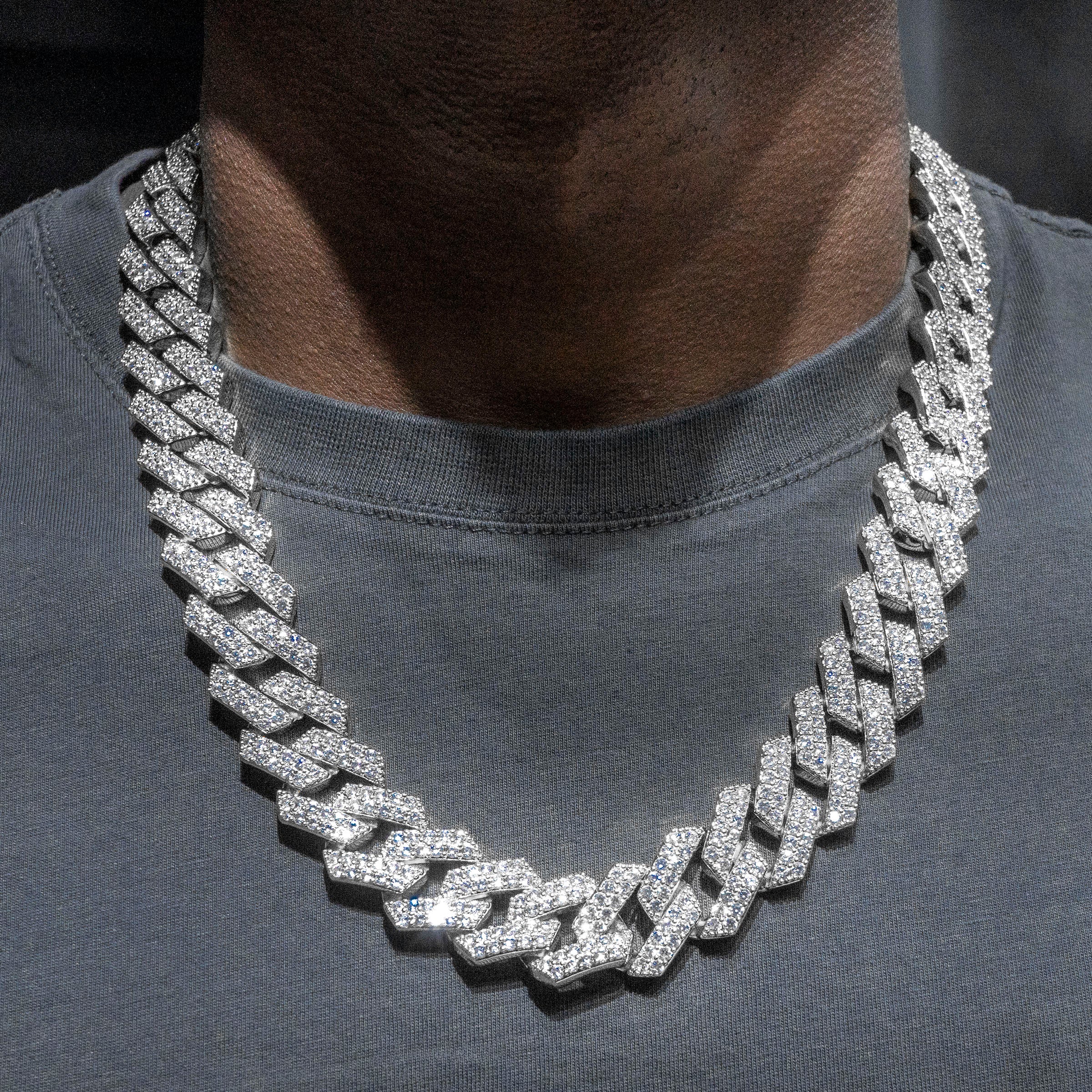 Image of Mens White Gold Iced Out Two Row Prong Set Miami Cuban Link Chain | 14 MM