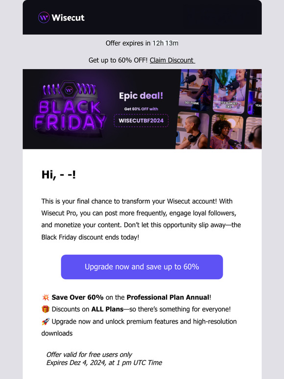 ⏱️ Offer Ends Today: Wisecut Pro Black Friday Discount!