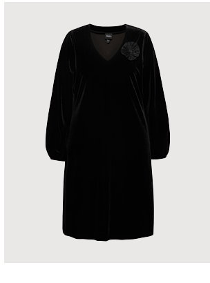 Samtkleid, Brosche, A-Linie, V-Ausschnitt, Langarm