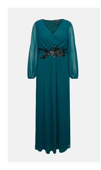 Abendkleid, V-Ausschnitt, bestickter Gürtel, Langarm