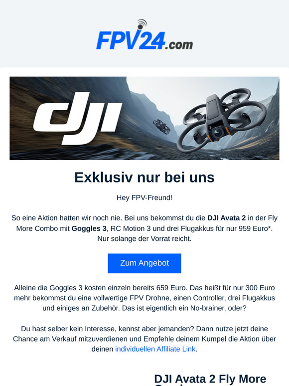 Nur bei uns: Spare 240 € auf die DJI Avata 2 Fly More Combo