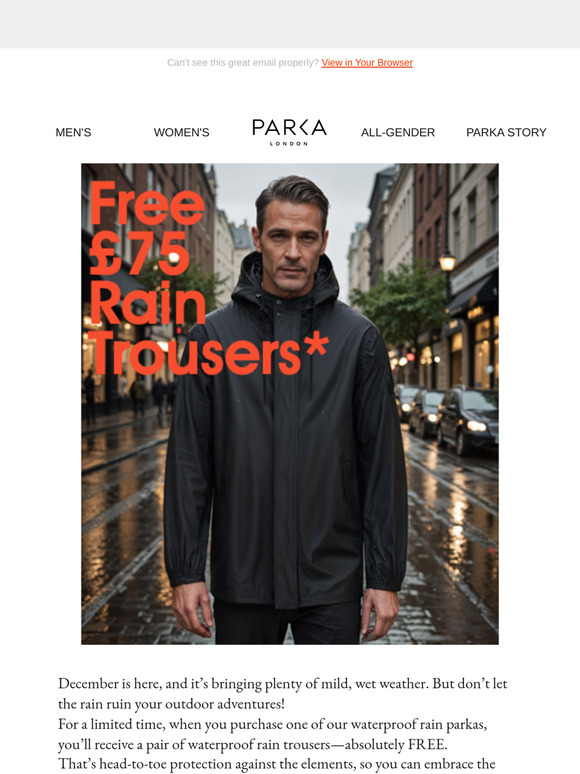 Stay Dry This December – Free Waterproof Trousers with Your Parka! 🌧️