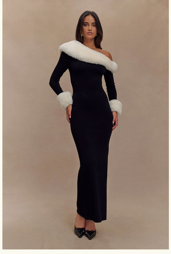 Karleigh Faux Fur Knit Maxi Dress - Black/White