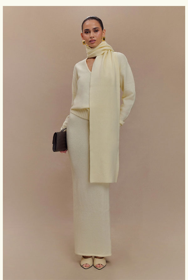 Ella V Neck Knit Jumper With Scarf - Ivory Marle