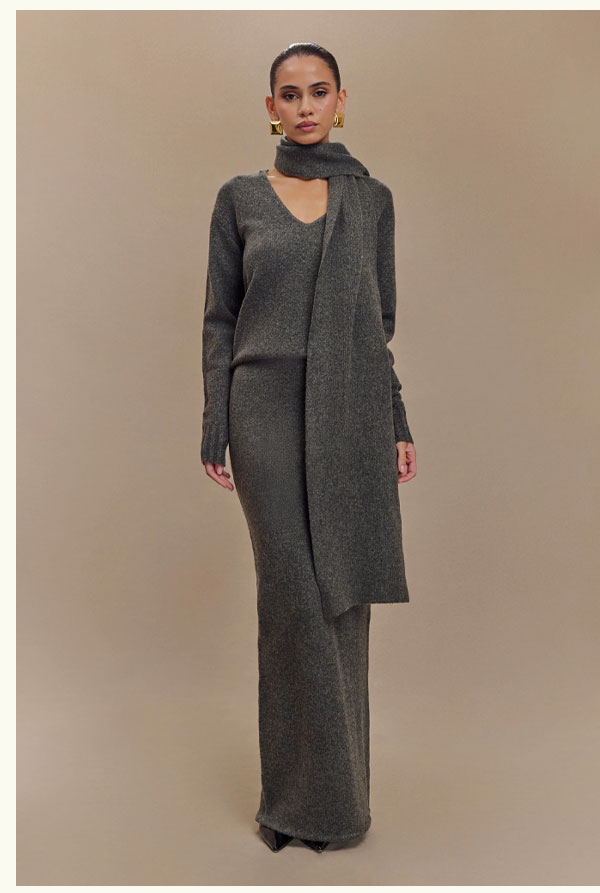 Ella V Neck Knit Jumper With Scarf - Charcoal Marle