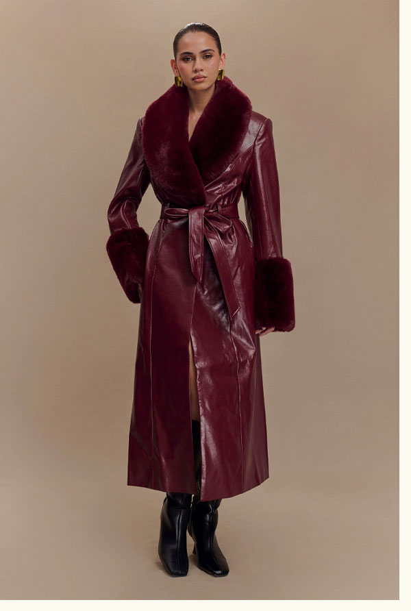 Bec Faux Leather Trench Coat With Faux Fur - Cherry Red