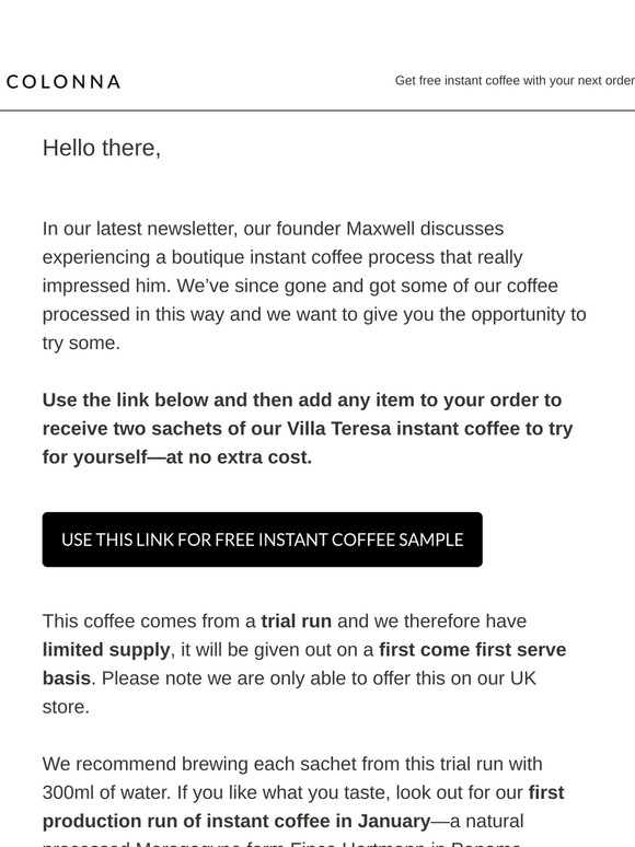 Free Instant Coffee with Your Next Order