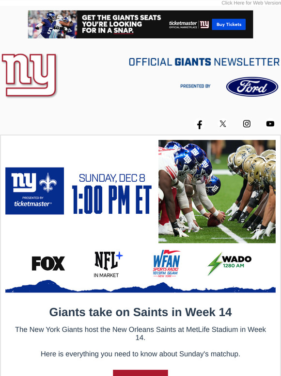 Giants take on Saints in Week 14