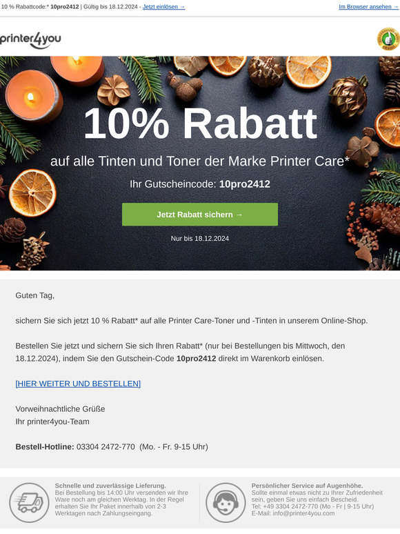 10% Rabatt auf Printer Care-Tinten & Toner 🕯️ Jetzt sichern!